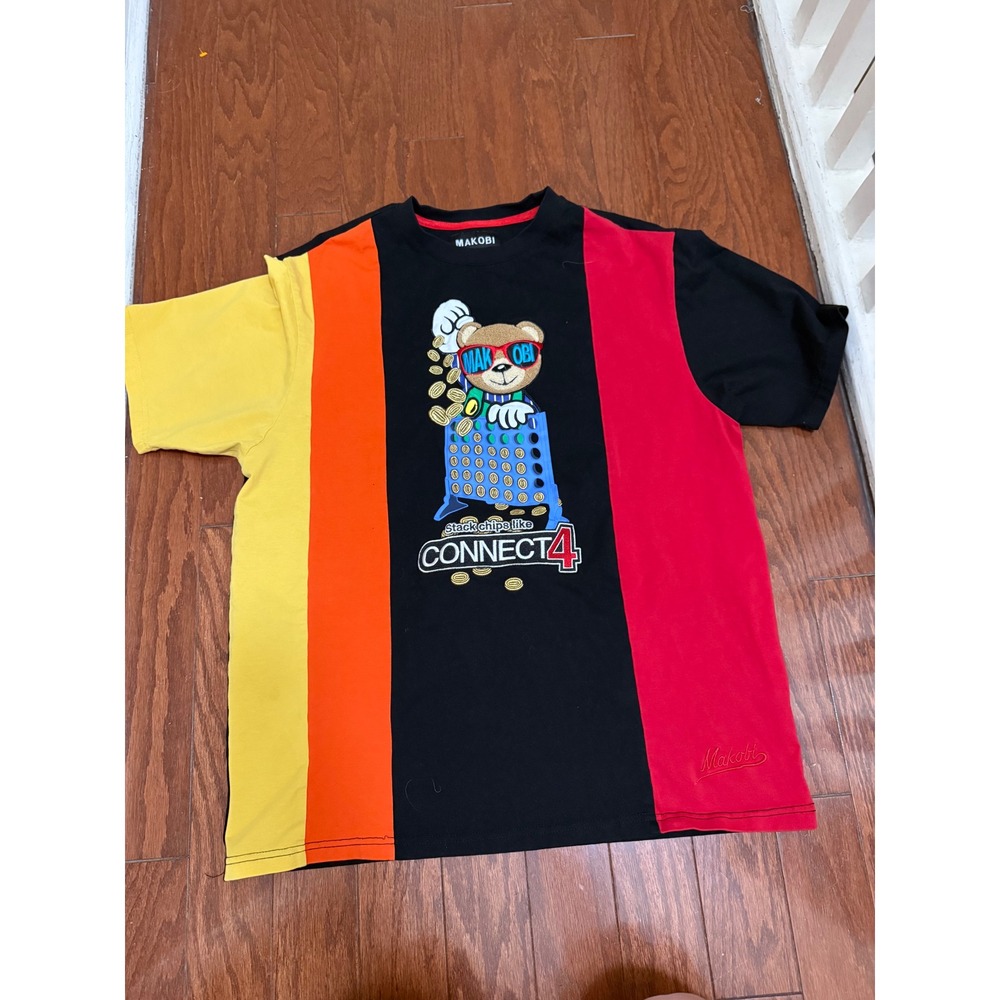 Makobi Mens Connect 4 Bear Graphic Tee Colorblock Streetwear Black Red Large